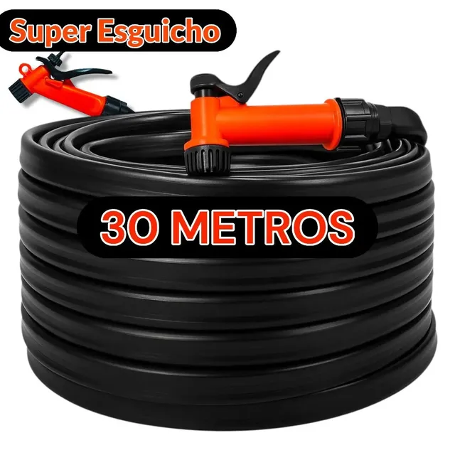Kit Mangueira De Jardim 30 Metros Reforçada Esguicho Pistola Conector De Torneira Flexível 7/16 Cor Preto