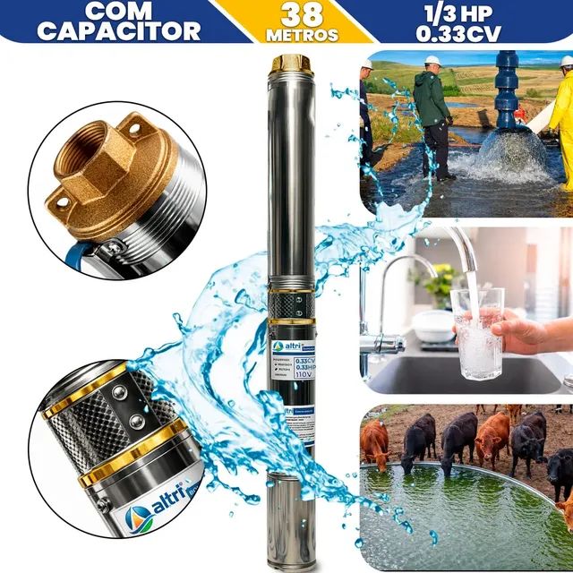Bomba Submersível Caneta Palito 0,33cv 1/3hp Monofasico 38mca / 3 Polegadas / Poço Artesiano Irrigação Cisterna Autack Componentes Prateado 127v