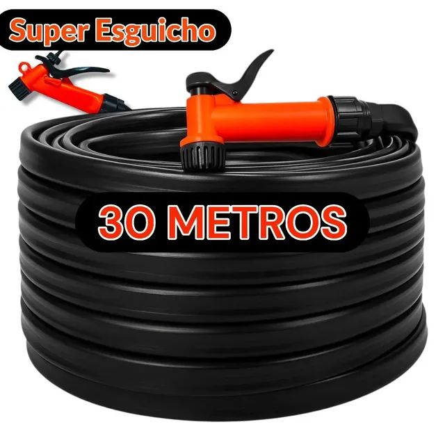 Kit Mangueira De Jardim 30 Metros Reforçada Esguicho Pistola Conector De Torneira Flexível 7/16 Cor Preto