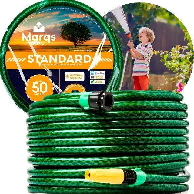 Mangueira De Jardim 50m Metros Com Esguicho Trançada Reforçada Flexível 7/16 Anti Dobra Irrigação Quintal Poço Lavagem Durável Marqs Home Verde