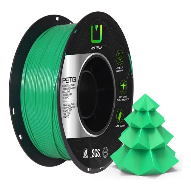 Filamento PETG Verde 1.75mm 1Kg Multfila Impressora 3D Aderência Superior