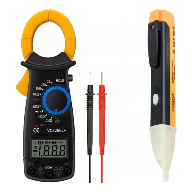 Kit Alicate Amperímetro + Caneta Teste Tensão Bipe Sonoro